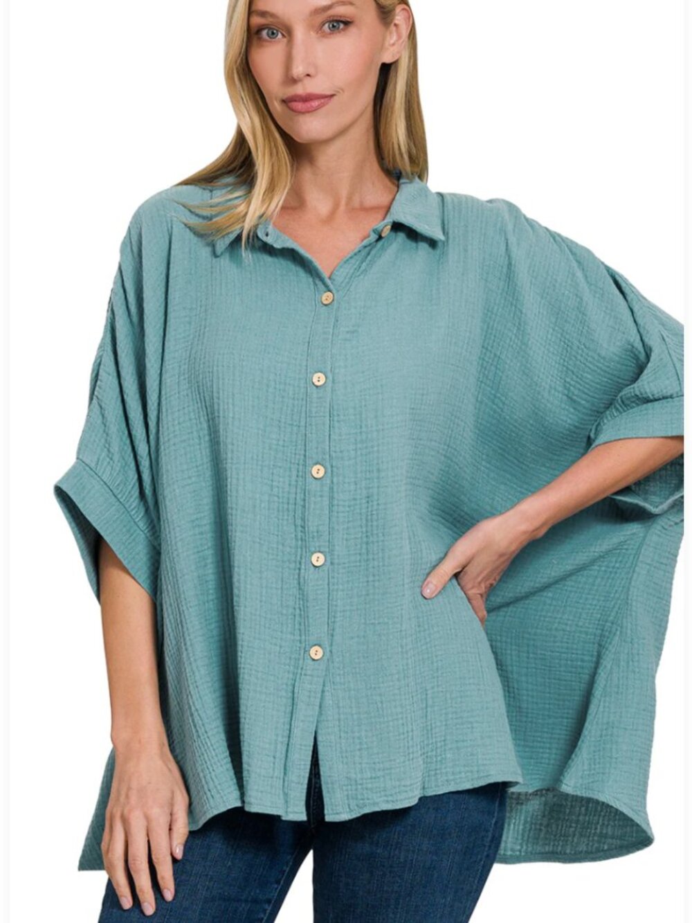 Zenana‎ Double Gauze 3/4 Sleeve Button Up Shirt Dusty Teal Size L/XL